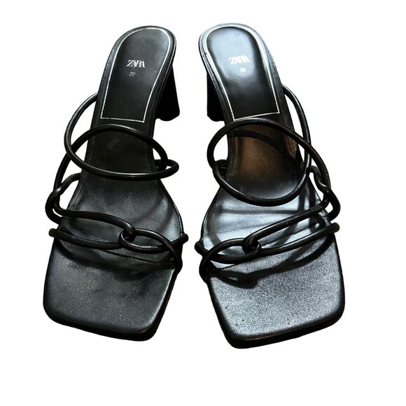 Zara Womens Black Tubular Interwoven Strappy Square Toe Heeled Sandals Size 7 - Picture 2 of 5